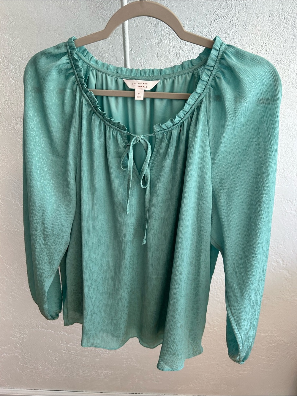 LC Lauren Conrad Teal Ruffle Tie-Neck Blouse